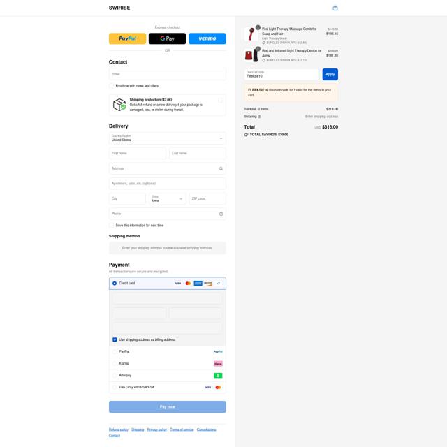 Swirise checkout page showing Swirise discount code box | Screenshot taken by SimplyCodes community member on Sep 8, 2025
