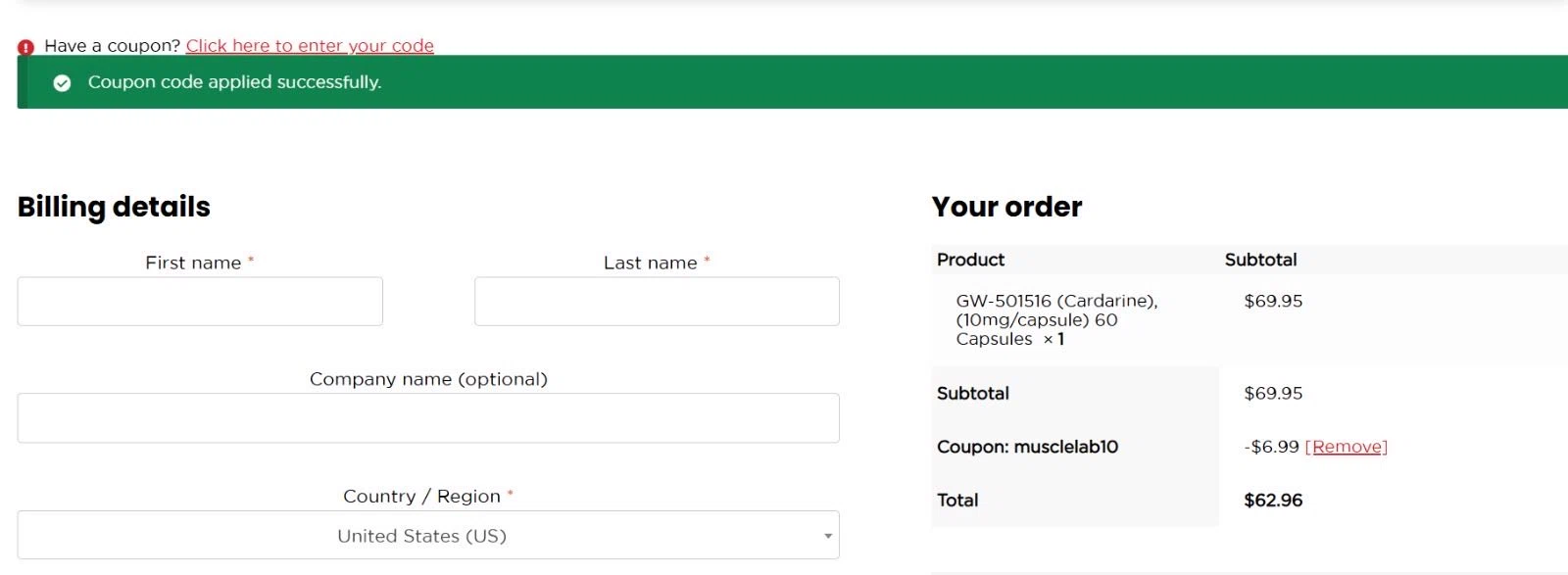 SwissChems coupon code screenshot showing code musclelab10 applied at SwissChems checkout page. Uploaded by SimplyCodes community member SmartMaestro6327 on Jan 10, 2026