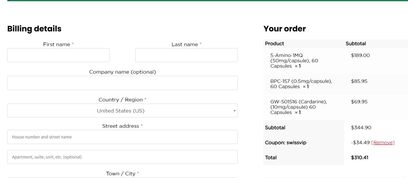SwissChems coupon code screenshot showing code swissvip applied at SwissChems checkout page. Uploaded by SimplyCodes community member ShieldWarden5085 on Feb 8, 2026