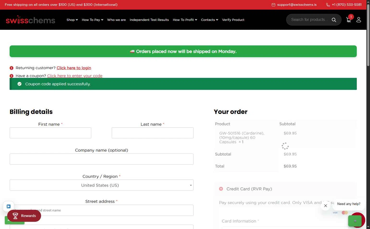SwissChems checkout page showing SwissChems coupon code box | Screenshot taken by SimplyCodes community member on Jan 23, 2026
