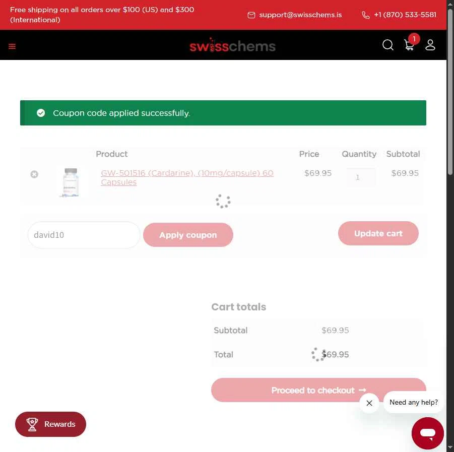 SwissChems checkout page showing SwissChems coupon code box | Screenshot taken by SimplyCodes community member on Jan 24, 2026
