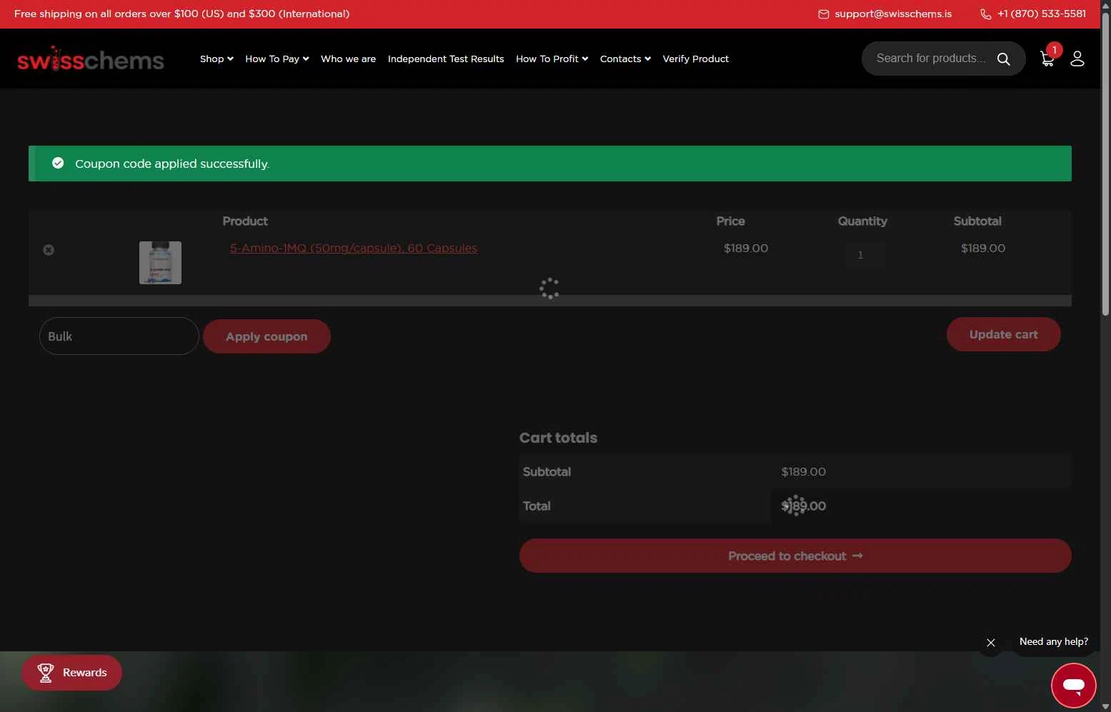 SwissChems checkout page showing SwissChems coupon code box | Screenshot taken by SimplyCodes community member on Jan 23, 2026