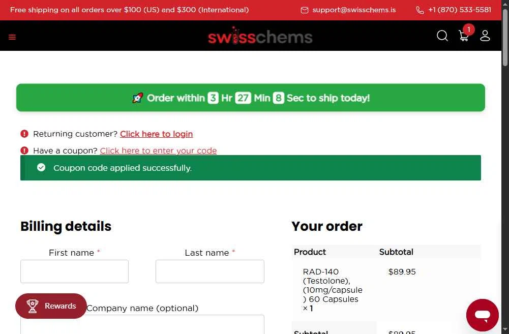 SwissChems checkout page showing SwissChems coupon code box | Screenshot taken by SimplyCodes community member on Feb 5, 2026