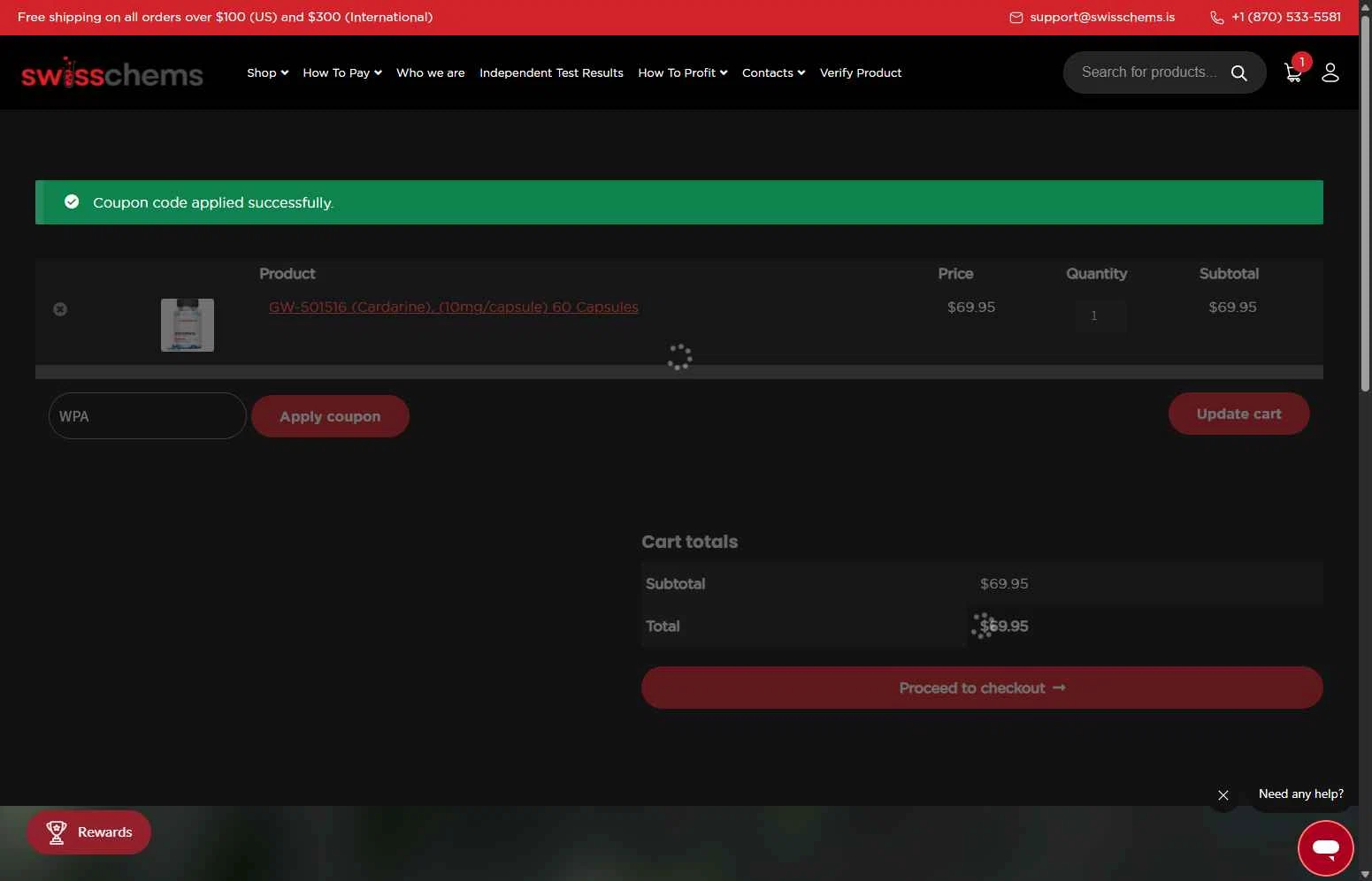 SwissChems checkout page showing SwissChems coupon code box | Screenshot taken by SimplyCodes community member on Jan 24, 2026