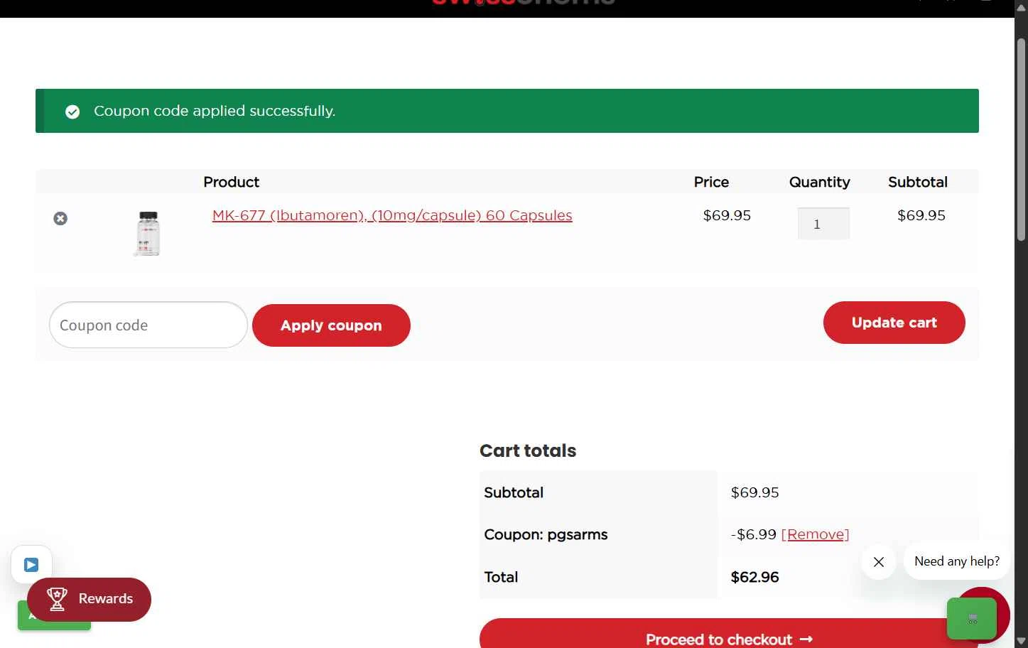 SwissChems checkout page showing SwissChems coupon code box | Screenshot taken by SimplyCodes community member on Feb 8, 2026
