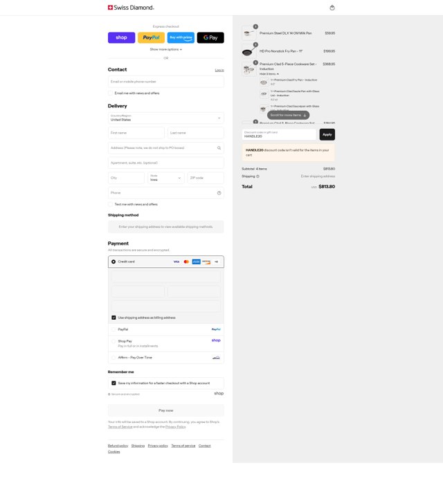 Swiss Diamond checkout page showing Swiss Diamond discount code box | Screenshot taken by SimplyCodes community member on Sep 8, 2025