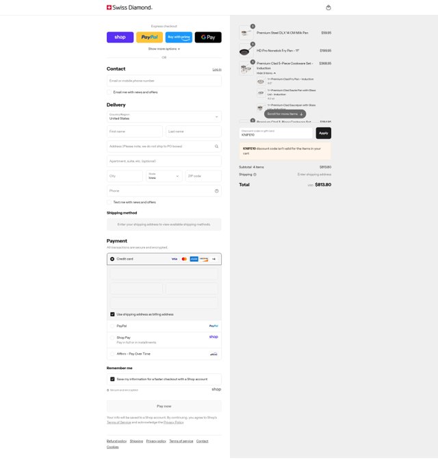 Swiss Diamond checkout page showing Swiss Diamond discount code box | Screenshot taken by SimplyCodes community member on Sep 8, 2025