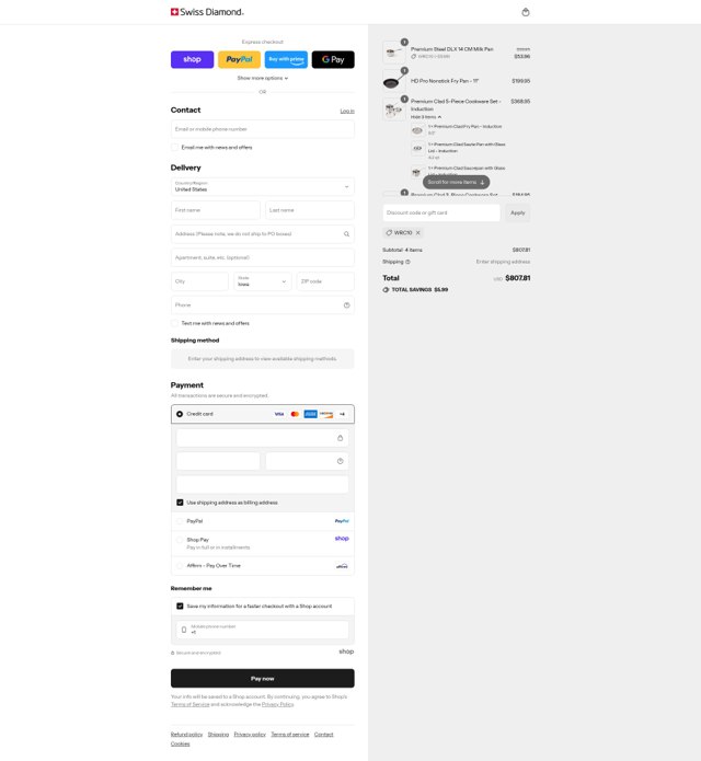Swiss Diamond checkout page showing Swiss Diamond discount code box | Screenshot taken by SimplyCodes community member on Sep 8, 2025