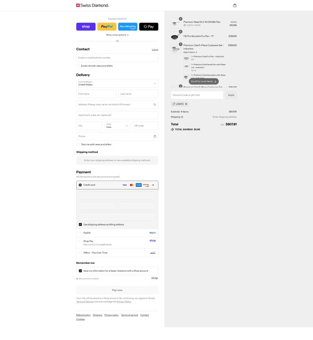 Swiss Diamond checkout page showing Swiss Diamond discount code box | Screenshot taken by SimplyCodes community member on Sep 8, 2025