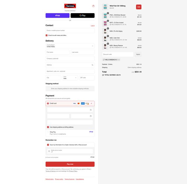 Swisse checkout page showing Swisse discount code box | Screenshot taken by SimplyCodes community member on Aug 30, 2025