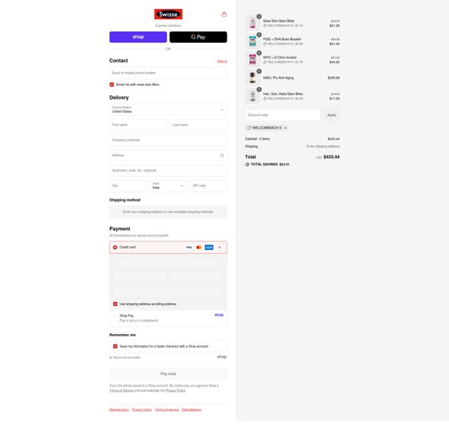 Swisse checkout page showing Swisse discount code box | Screenshot taken by SimplyCodes community member on Sep 12, 2025