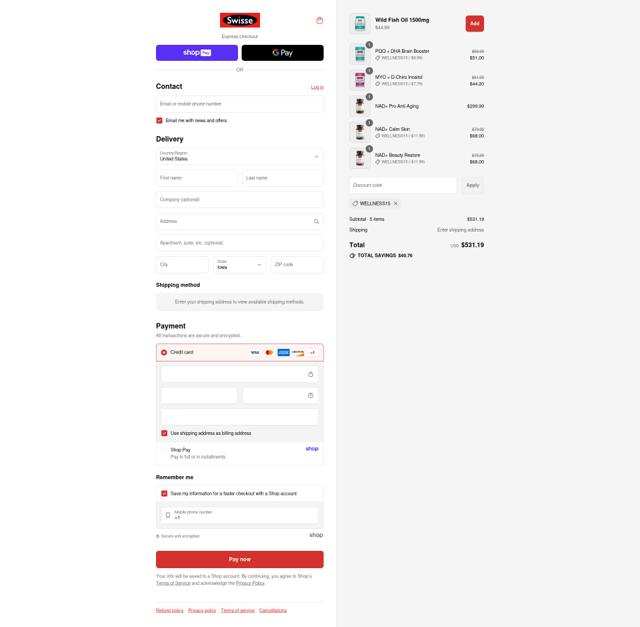 Swisse checkout page showing Swisse discount code box | Screenshot taken by SimplyCodes community member on Aug 26, 2025