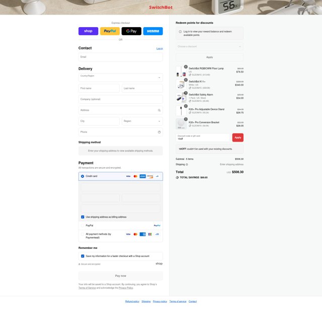 SwitchBot Global checkout page showing SwitchBot Global promo code box | Screenshot taken by SimplyCodes community member on Sep 6, 2025