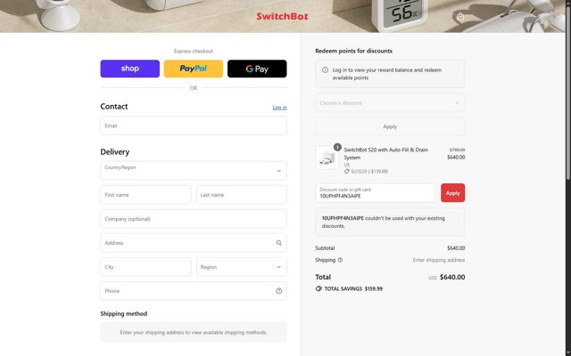 SwitchBot Global checkout page showing SwitchBot Global promo code box | Screenshot taken by SimplyCodes community member on Sep 6, 2025