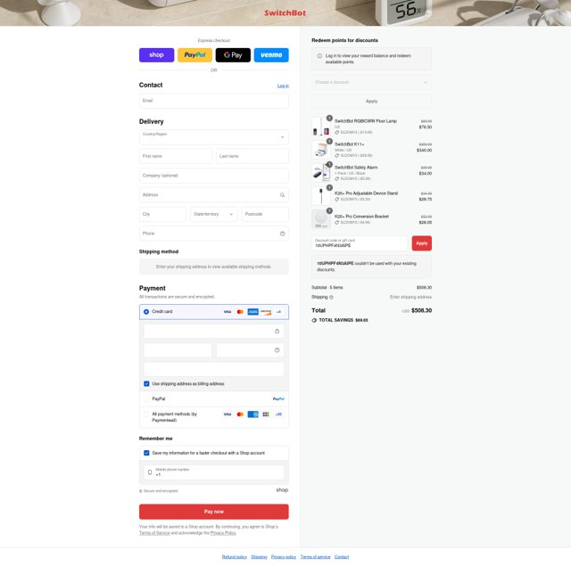 SwitchBot Global checkout page showing SwitchBot Global promo code box | Screenshot taken by SimplyCodes community member on Sep 2, 2025