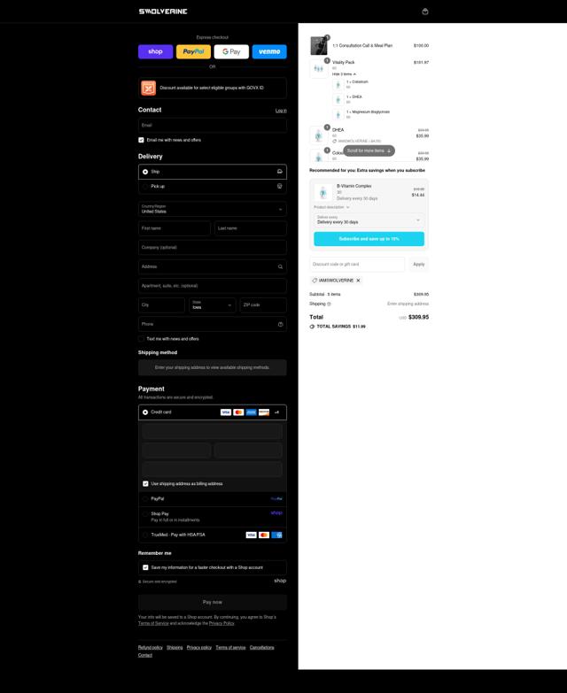 Swolverine checkout page showing Swolverine discount code box | Screenshot taken by SimplyCodes community member on Sep 6, 2025