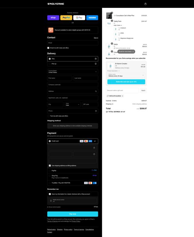 Swolverine checkout page showing Swolverine discount code box | Screenshot taken by SimplyCodes community member on Sep 10, 2025