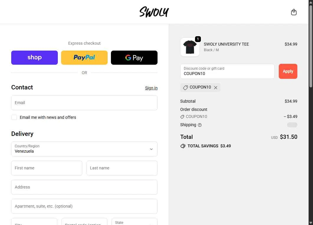 SWOLY checkout page showing SWOLY discount code box | Screenshot taken by SimplyCodes community member on Jan 4, 2026
