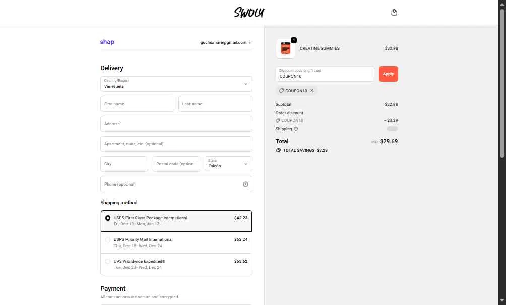 SWOLY checkout page showing SWOLY discount code box | Screenshot taken by SimplyCodes community member on Dec 6, 2025