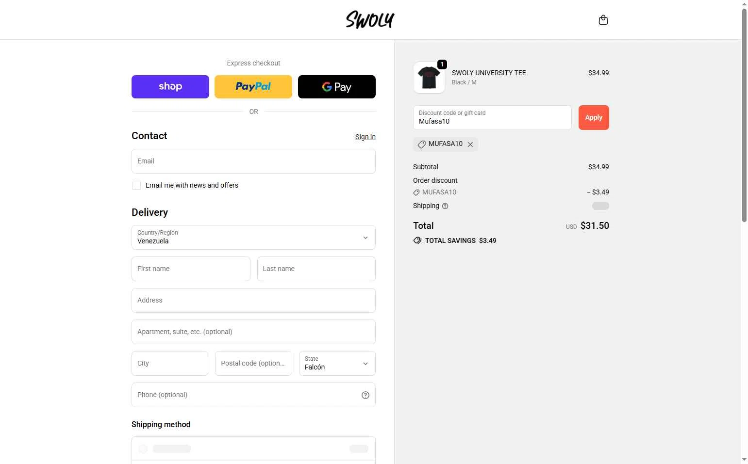 SWOLY checkout page showing SWOLY discount code box | Screenshot taken by SimplyCodes community member on Oct 14, 2025