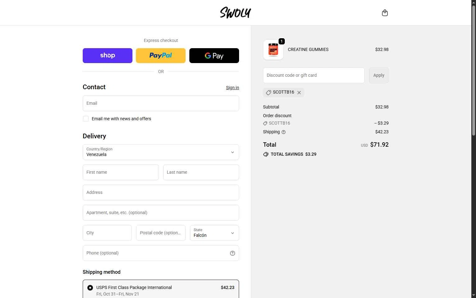 SWOLY checkout page showing SWOLY discount code box | Screenshot taken by SimplyCodes community member on Oct 18, 2025