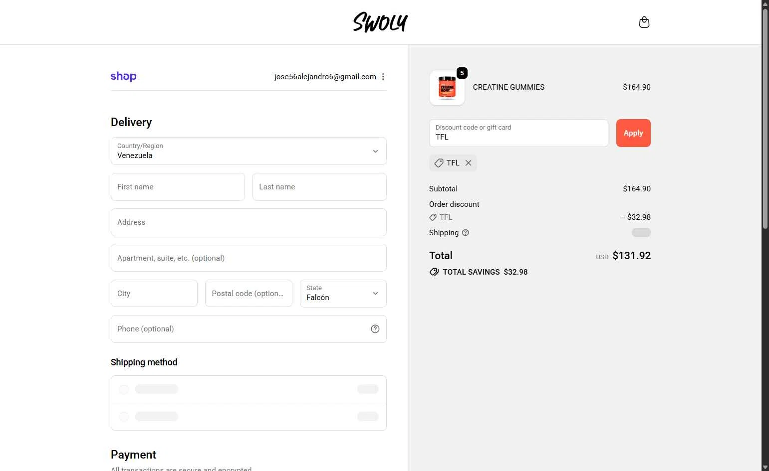 SWOLY checkout page showing SWOLY discount code box | Screenshot taken by SimplyCodes community member on Dec 7, 2025