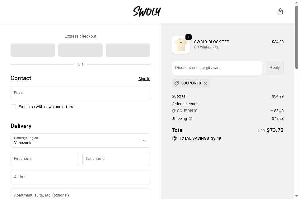SWOLY checkout page showing SWOLY discount code box | Screenshot taken by SimplyCodes community member on Nov 7, 2025