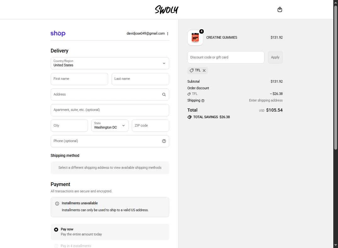 SWOLY checkout page showing SWOLY discount code box | Screenshot taken by SimplyCodes community member on Oct 10, 2025
