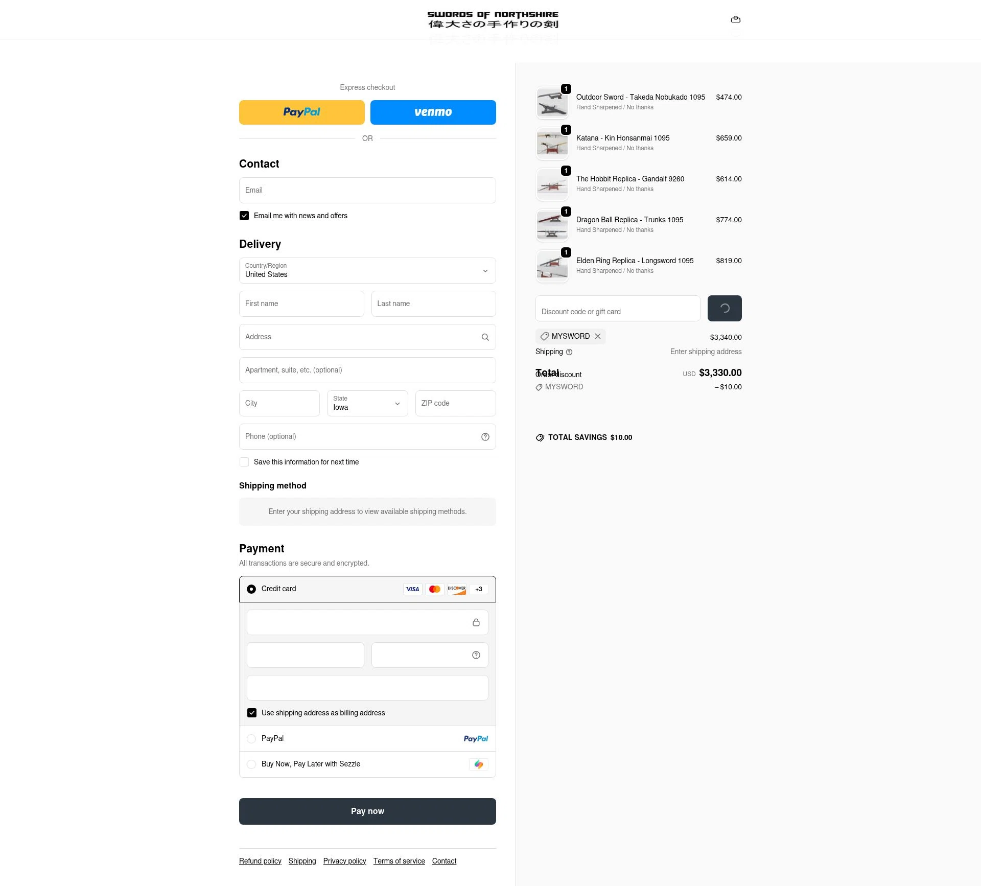 Swords of Northshire checkout page showing Swords of Northshire discount code box | Screenshot taken by SimplyCodes community member on Feb 15, 2026