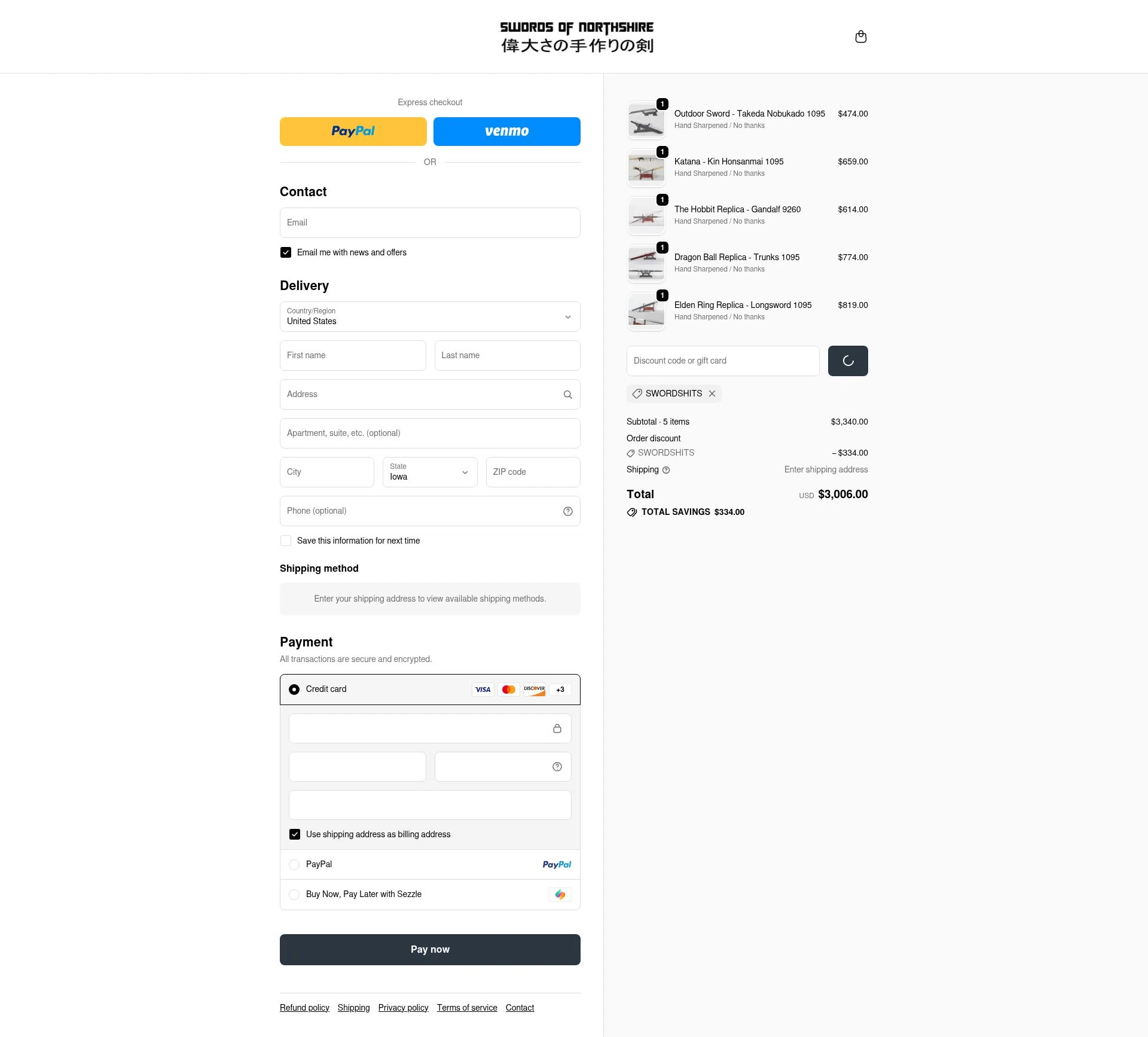 Swords of Northshire checkout page showing Swords of Northshire discount code box | Screenshot taken by SimplyCodes community member on Feb 15, 2026
