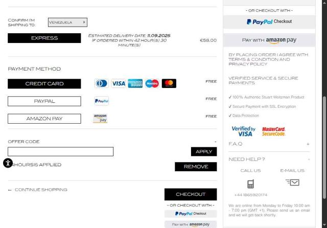 Stuart Weitzman Outlet checkout page showing Stuart Weitzman Outlet promo code box | Screenshot taken by SimplyCodes community member on Sep 6, 2025