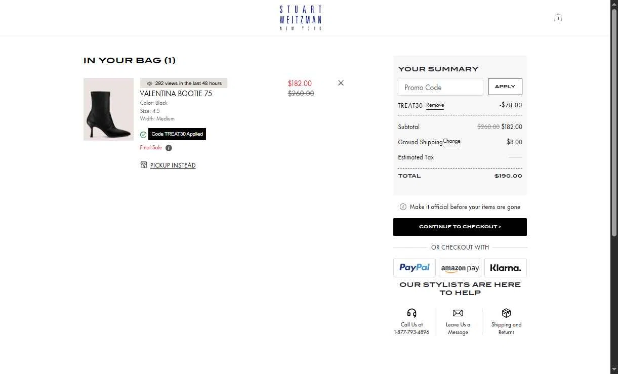 Stuart Weitzman Outlet checkout page showing Stuart Weitzman Outlet promo code box | Screenshot taken by SimplyCodes community member on Oct 21, 2025