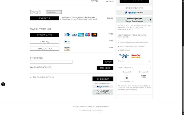 Stuart Weitzman Outlet checkout page showing Stuart Weitzman Outlet promo code box | Screenshot taken by SimplyCodes community member on Oct 2, 2025