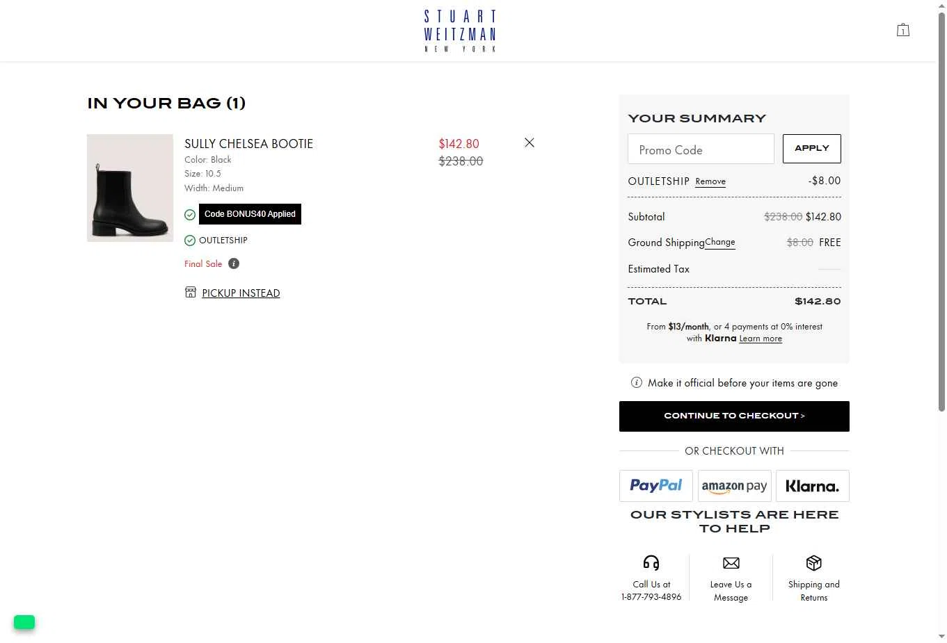 Stuart Weitzman Outlet checkout page showing Stuart Weitzman Outlet promo code box | Screenshot taken by SimplyCodes community member on Dec 2, 2025