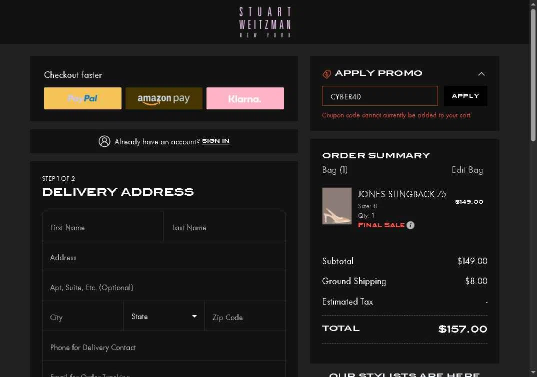 Stuart Weitzman Outlet checkout page showing Stuart Weitzman Outlet promo code box | Screenshot taken by SimplyCodes community member on Jan 11, 2026