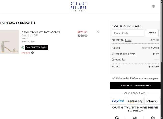 Stuart Weitzman Outlet checkout page showing Stuart Weitzman Outlet promo code box | Screenshot taken by SimplyCodes community member on Sep 11, 2025