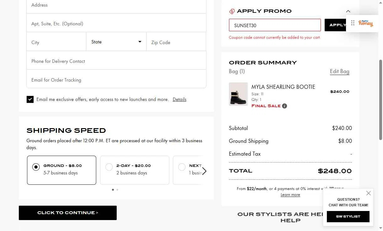 Stuart Weitzman Outlet checkout page showing Stuart Weitzman Outlet promo code box | Screenshot taken by SimplyCodes community member on Nov 4, 2025