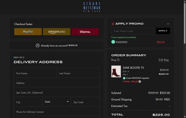 Stuart Weitzman Outlet checkout page showing Stuart Weitzman Outlet promo code box | Screenshot taken by SimplyCodes community member on Sep 16, 2025