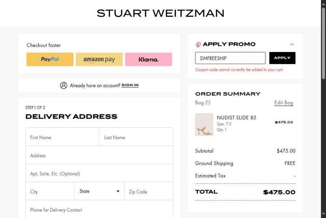 Stuart Weitzman Outlet checkout page showing Stuart Weitzman Outlet promo code box | Screenshot taken by SimplyCodes community member on Jul 19, 2025
