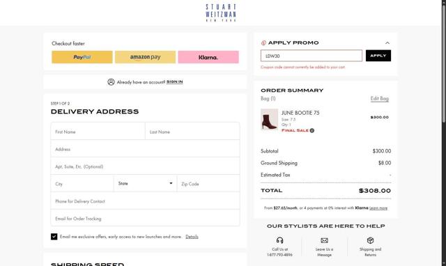 Stuart Weitzman Outlet checkout page showing Stuart Weitzman Outlet promo code box | Screenshot taken by SimplyCodes community member on Sep 17, 2025
