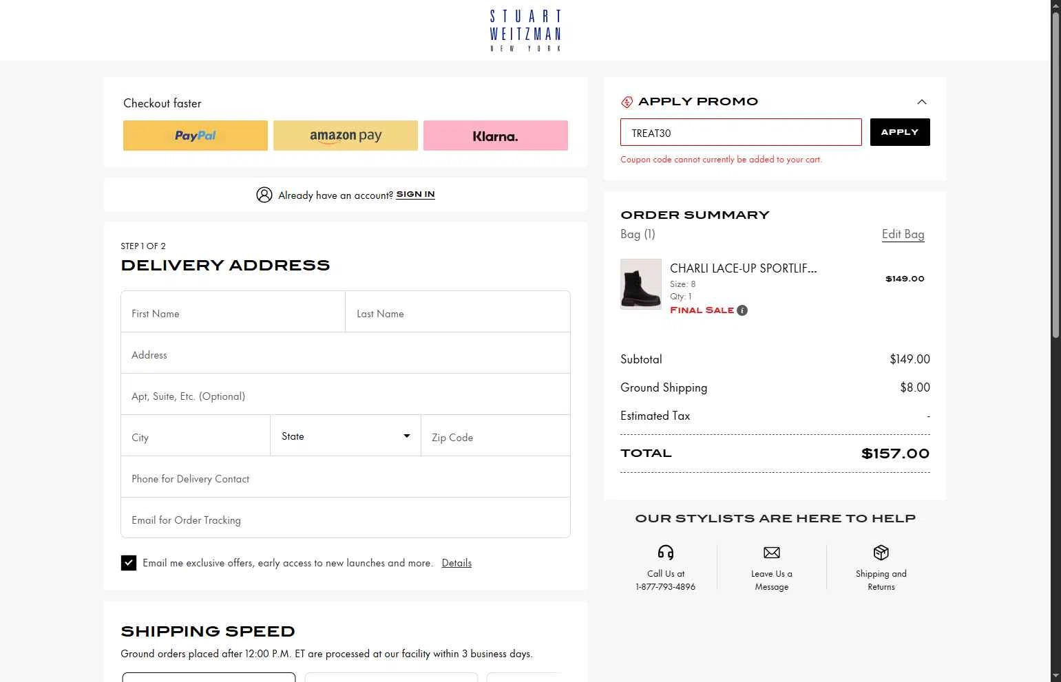 Stuart Weitzman Outlet checkout page showing Stuart Weitzman Outlet promo code box | Screenshot taken by SimplyCodes community member on Oct 30, 2025