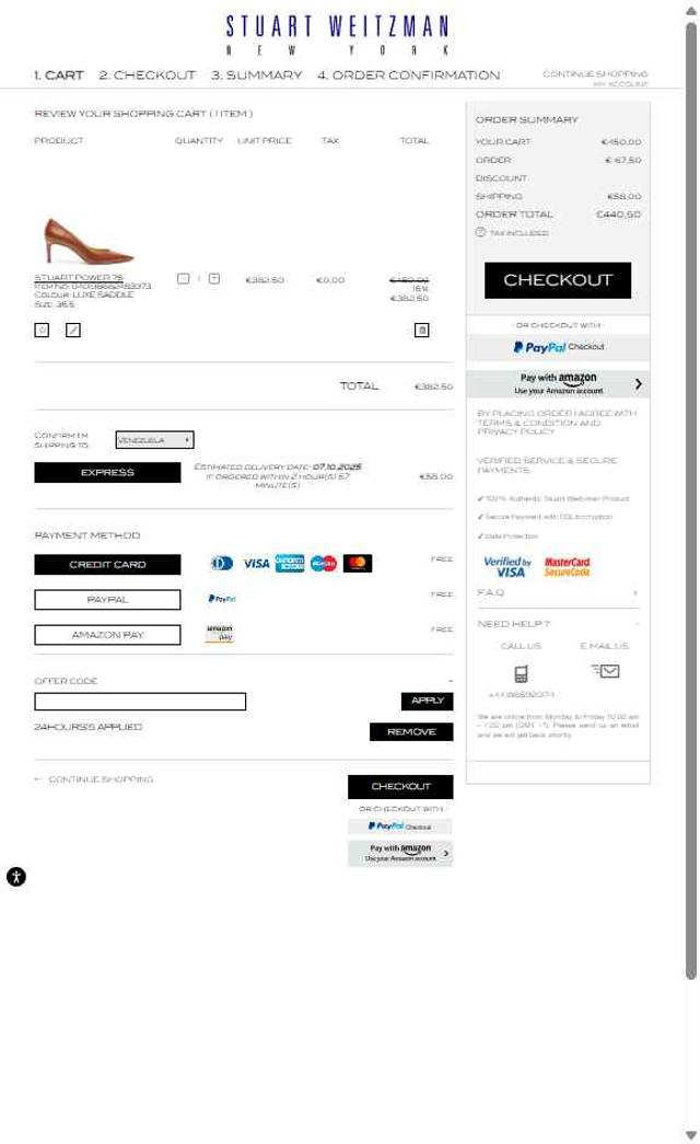 Stuart Weitzman Outlet checkout page showing Stuart Weitzman Outlet promo code box | Screenshot taken by SimplyCodes community member on Oct 2, 2025