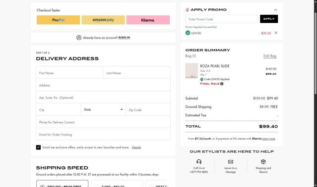 Stuart Weitzman Outlet checkout page showing Stuart Weitzman Outlet promo code box | Screenshot taken by SimplyCodes community member on Aug 19, 2025
