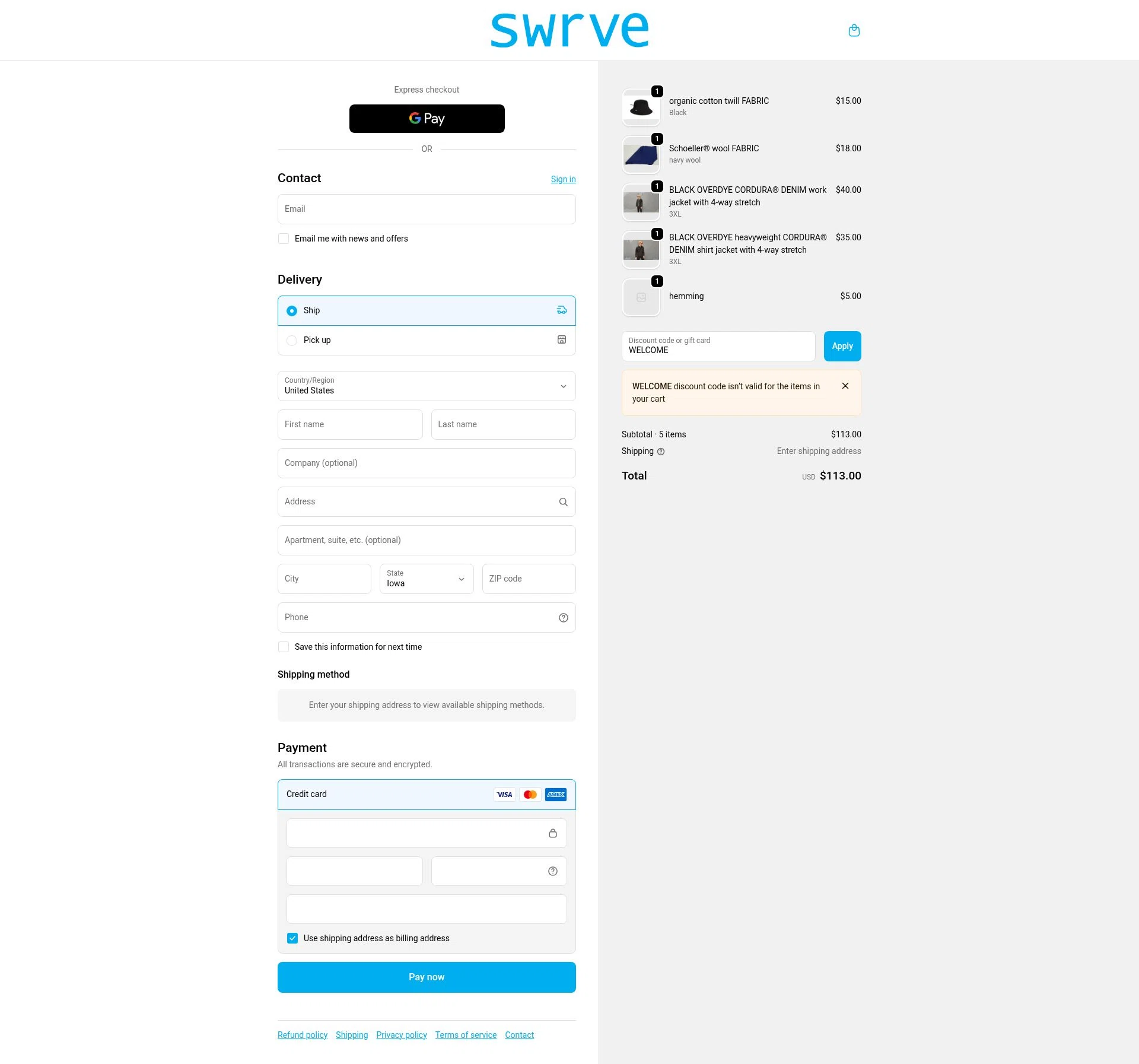 Swrve Clothing checkout page showing Swrve Clothing promo code box | Screenshot taken by SimplyCodes community member on Dec 13, 2025