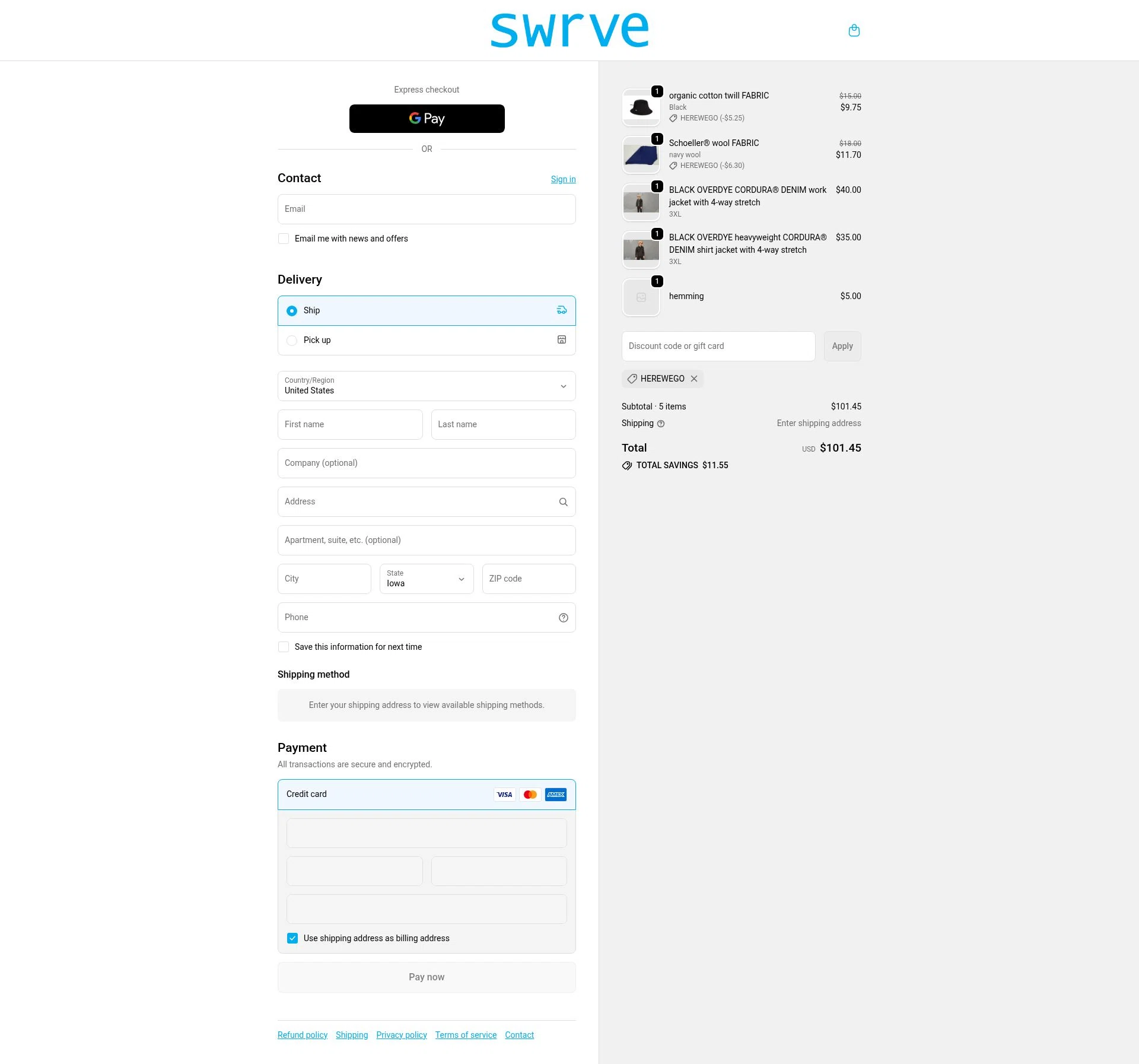 Swrve Clothing checkout page showing Swrve Clothing promo code box | Screenshot taken by SimplyCodes community member on Dec 13, 2025