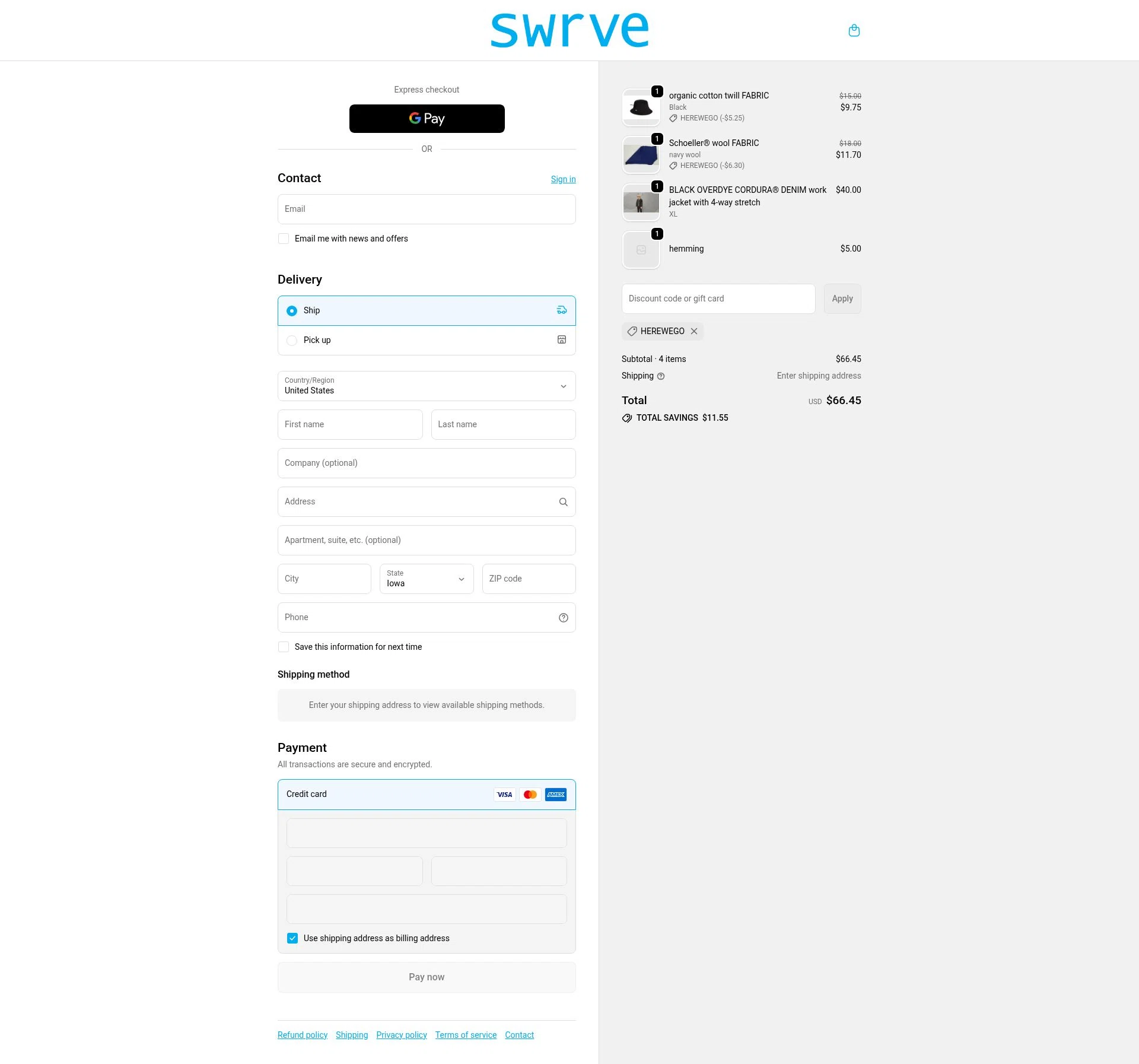 Swrve Clothing checkout page showing Swrve Clothing promo code box | Screenshot taken by SimplyCodes community member on Dec 8, 2025
