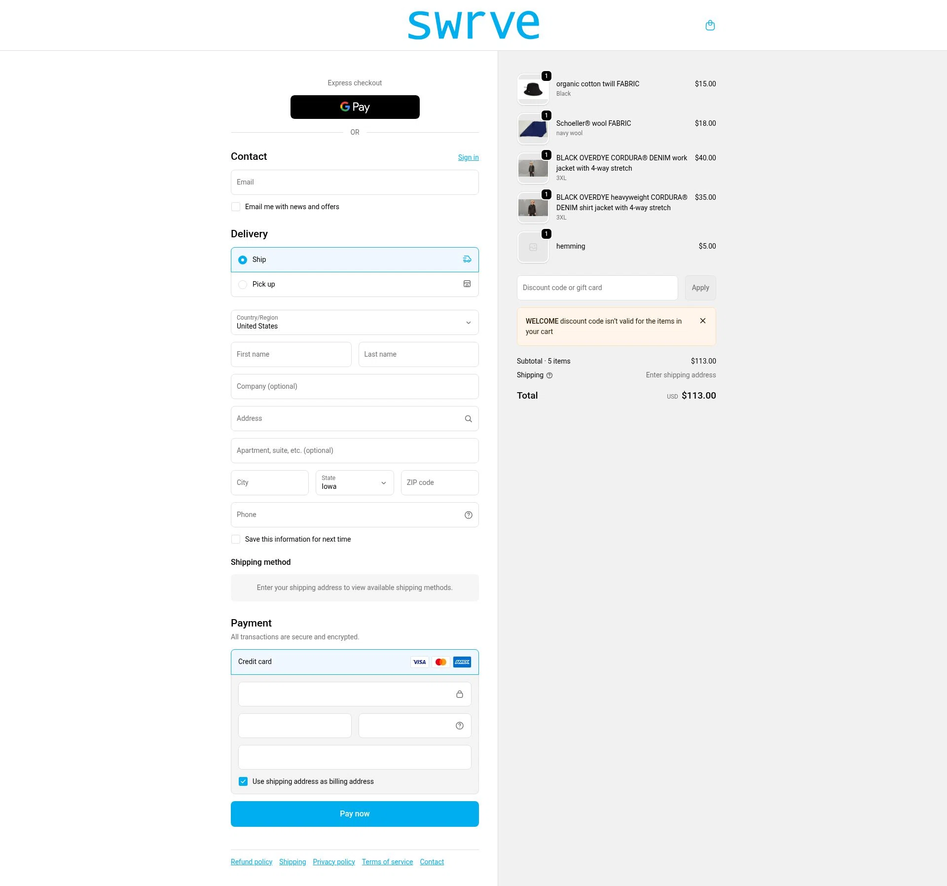Swrve Clothing checkout page showing Swrve Clothing promo code box | Screenshot taken by SimplyCodes community member on Dec 26, 2025