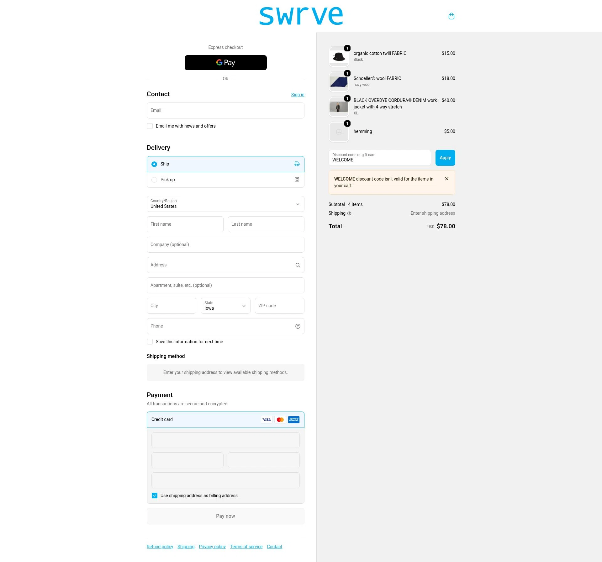 Swrve Clothing checkout page showing Swrve Clothing promo code box | Screenshot taken by SimplyCodes community member on Dec 8, 2025