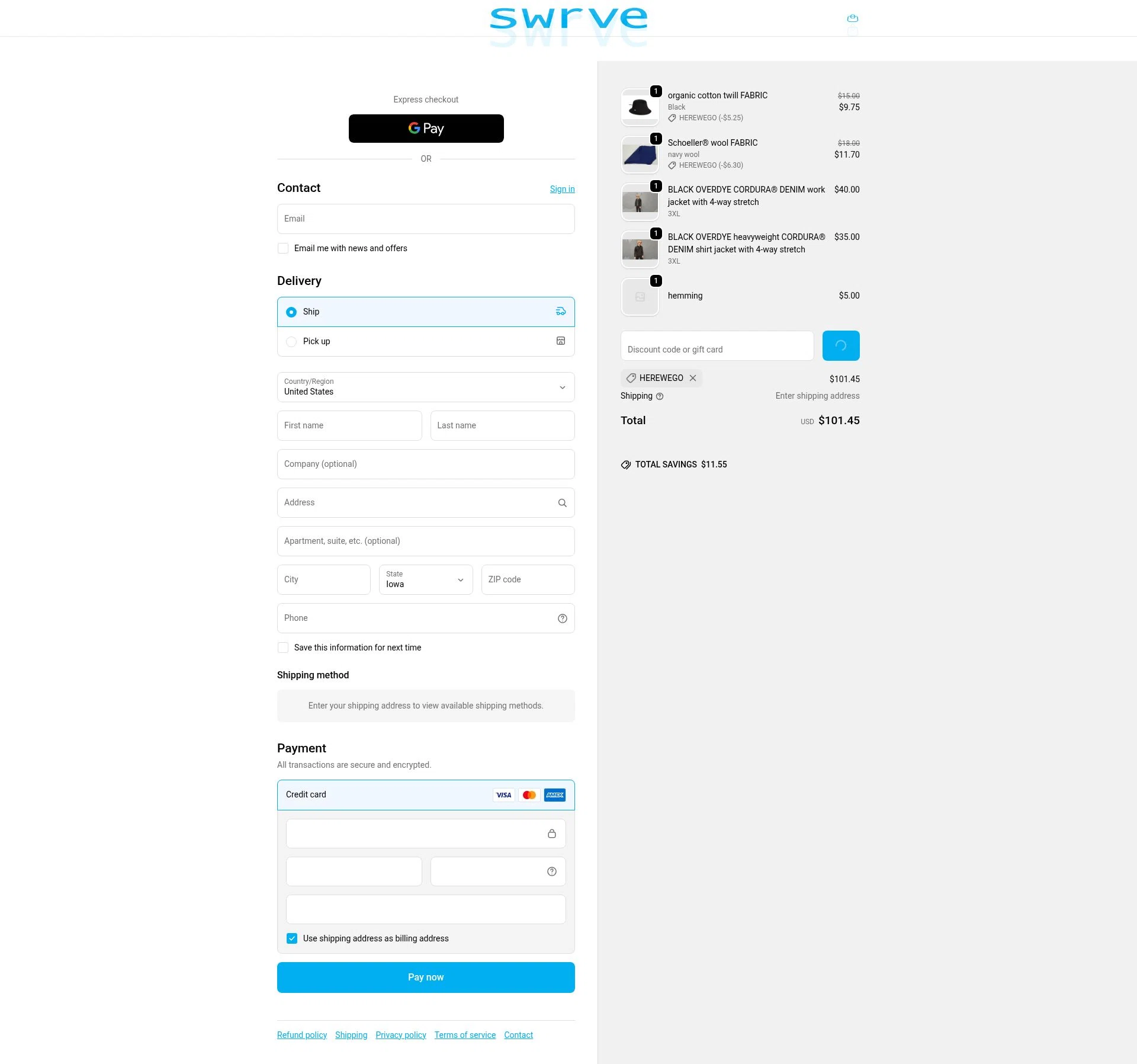 Swrve Clothing checkout page showing Swrve Clothing promo code box | Screenshot taken by SimplyCodes community member on Dec 26, 2025