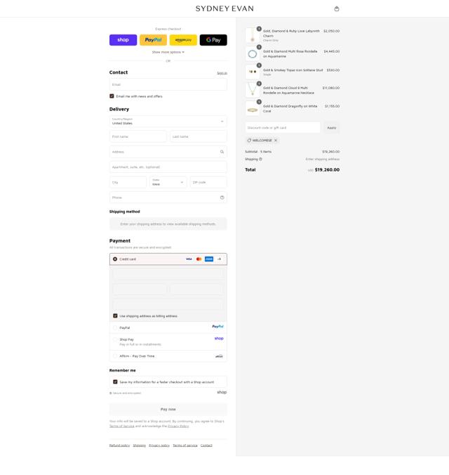Sydney Evan checkout page showing Sydney Evan discount code box | Screenshot taken by SimplyCodes community member on Sep 12, 2025